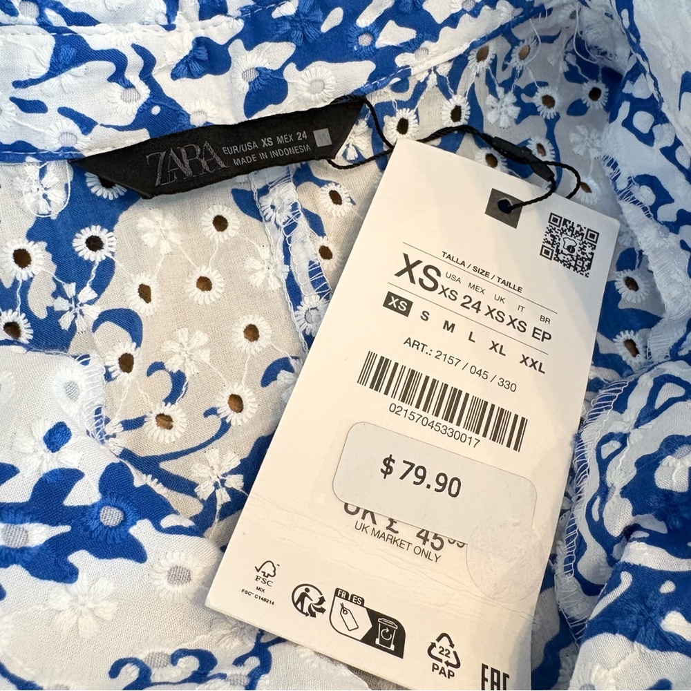 Zara Eyelet Blue White Paisley Summer Midi Dress Size XS Boho Vacation Dress - Picture 5 of 13